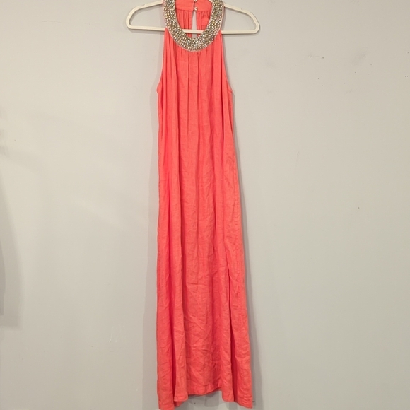 120% Lino Maxi Dress Linen Coral Beaded Neck size 42 (Small) - Picture 2 of 9